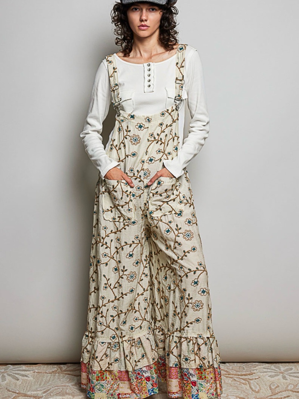 Bohemian Textured Floral Embroidered Wide-Leg Overalls - Cream - Picture 2 of 7
